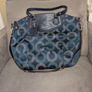 Coach Navy and Teal Patterned Shoulder Bag